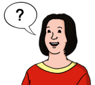 Leichte Sprache Bild: Eine Frau mit einer Denkblase, in der Denkblase ist ein Fragezeichen